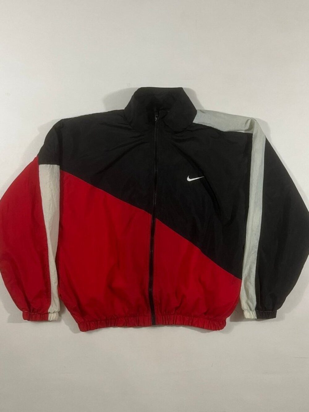 Vintage 90s Nike Big Swoosh Black Red Colorblock Nylon Windbreaker Track Jacket…